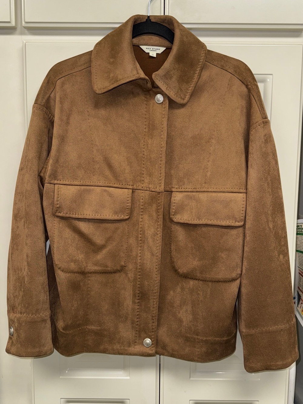Max Studio Chest-Pocket FauxSuede-Jacket in Warm Brown